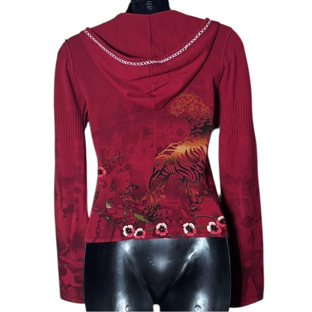Raw 7 USA women’s medium 100% cashmere y2k zip up tiger‎ floral embroidered